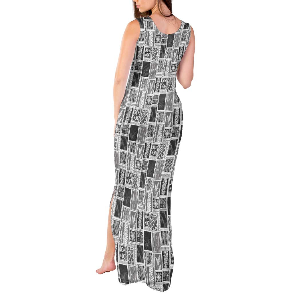 Vintage Aloha Block Quilt Tank Maxi Dress Black Inspired Lei Motifs - Polynesian Pride