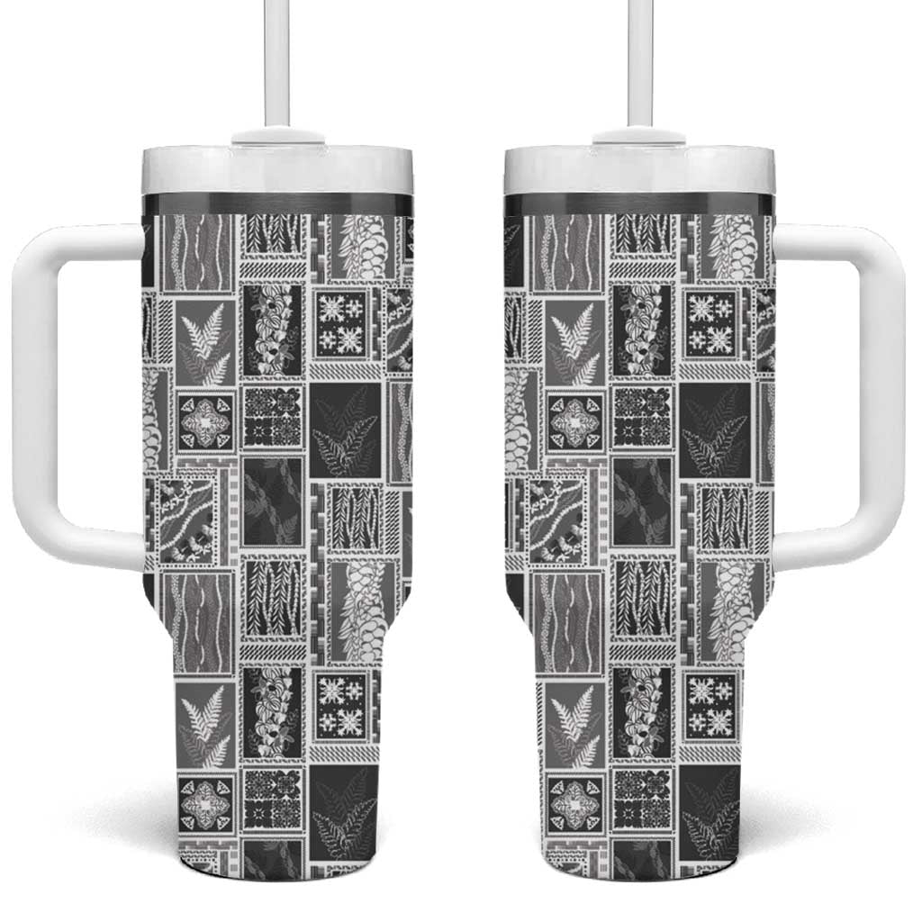 Vintage Aloha Block Quilt Tumbler With Handle Black Inspired Lei Motifs - Polynesian Pride