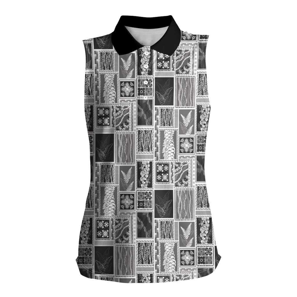 Vintage Aloha Block Quilt Women Sleeveless Polo Shirt Black Inspired Lei Motifs LT9 Female Black - Polynesian Pride