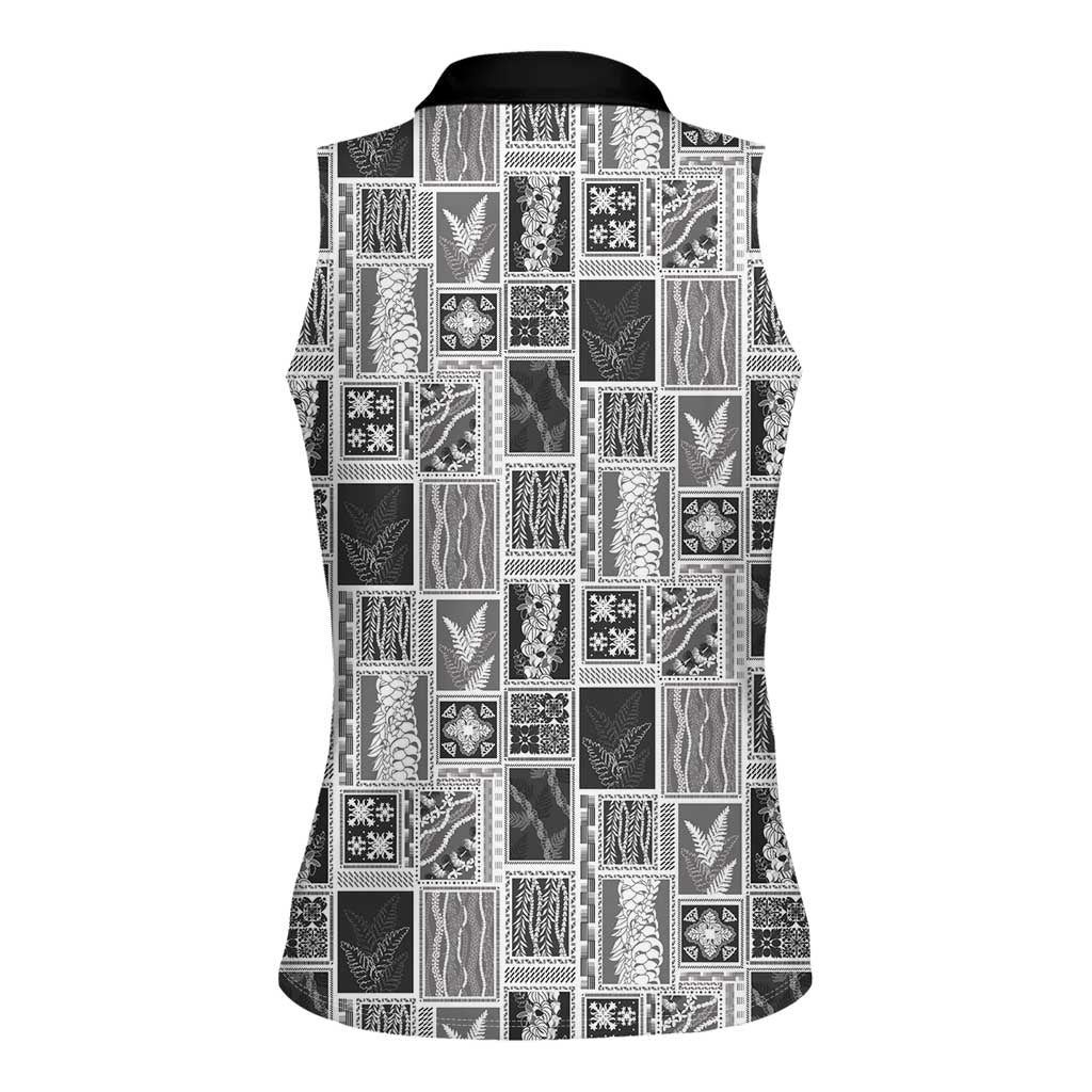 Vintage Aloha Block Quilt Women Sleeveless Polo Shirt Black Inspired Lei Motifs LT9 - Polynesian Pride