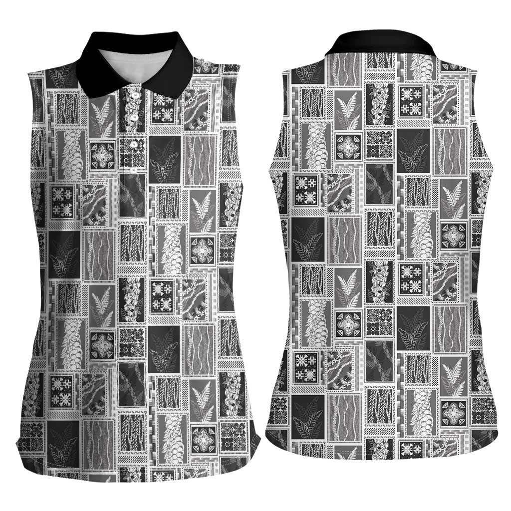 Vintage Aloha Block Quilt Women Sleeveless Polo Shirt Black Inspired Lei Motifs LT9 - Polynesian Pride