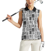 Vintage Aloha Block Quilt Women Sleeveless Polo Shirt Black Inspired Lei Motifs LT9 - Polynesian Pride