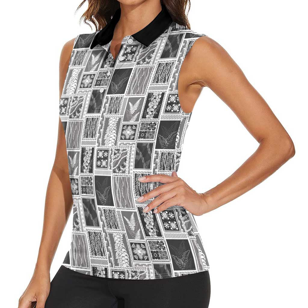 Vintage Aloha Block Quilt Women Sleeveless Polo Shirt Black Inspired Lei Motifs LT9 - Polynesian Pride