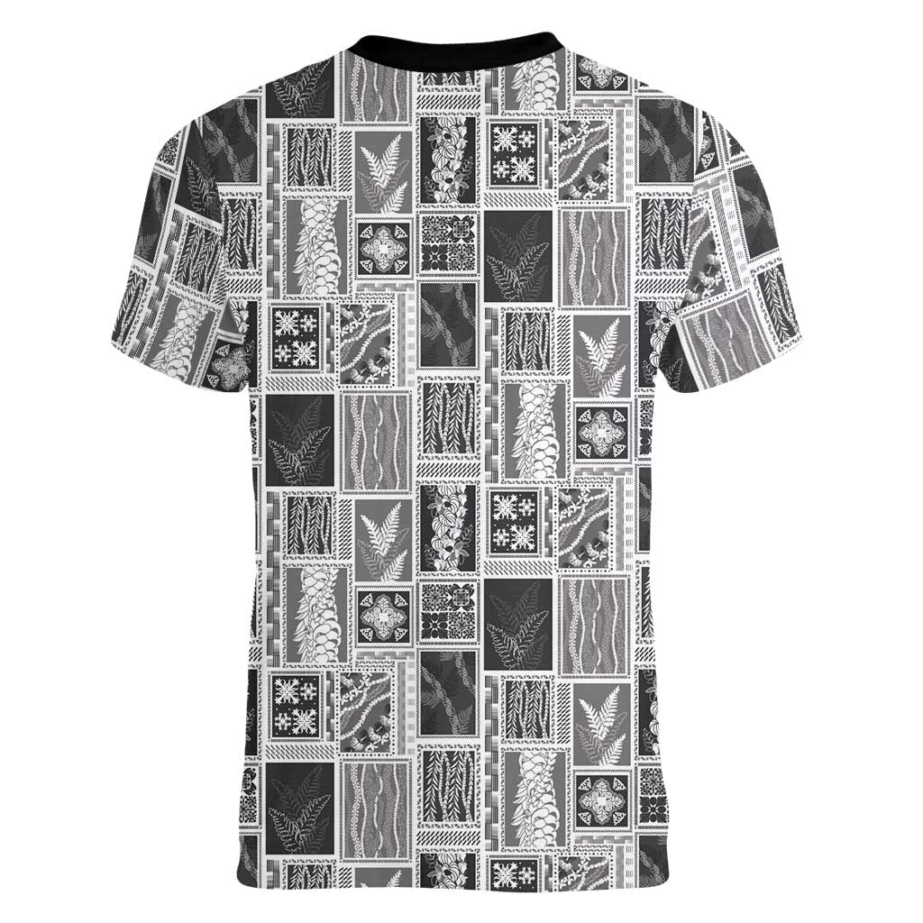 Vintage Aloha Block Quilt Women V-Neck T-Shirt Black Inspired Lei Motifs LT9 - Polynesian Pride