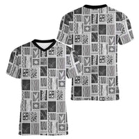 Vintage Aloha Block Quilt Women V-Neck T-Shirt Black Inspired Lei Motifs LT9 - Polynesian Pride