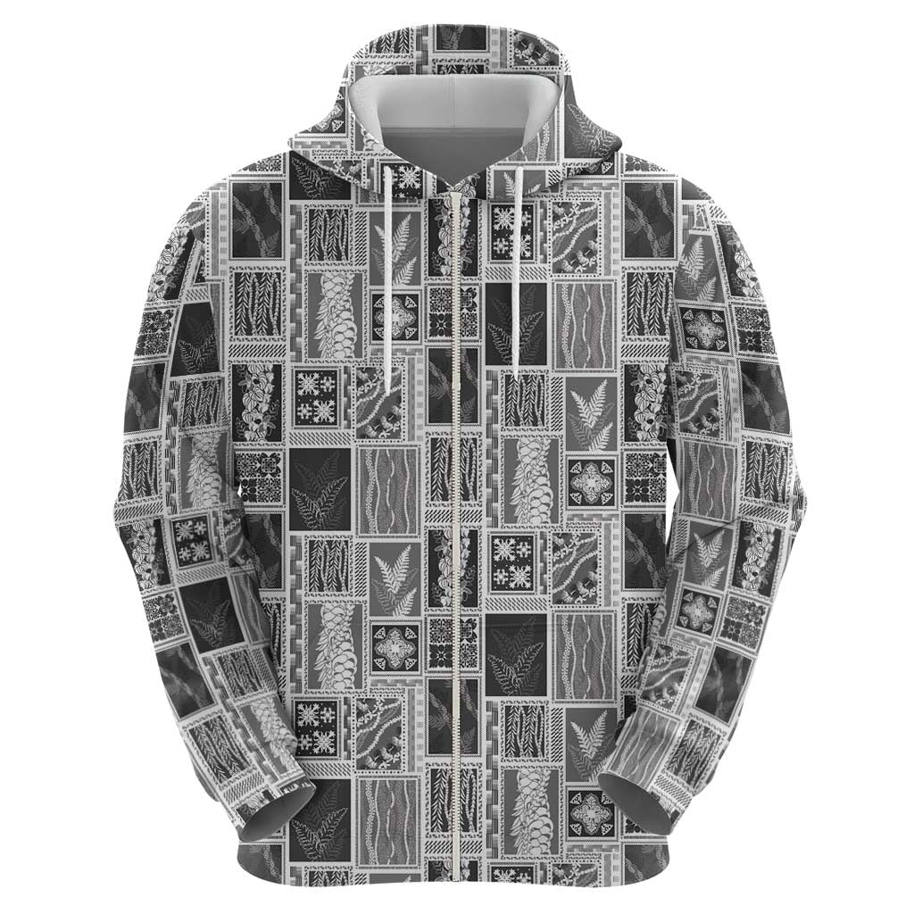 Vintage Aloha Block Quilt Zip Hoodie Black Inspired Lei Motifs - Polynesian Pride
