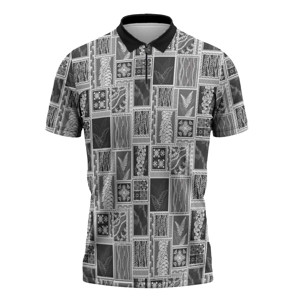 Vintage Aloha Block Quilt Zipper Polo Shirt Black Inspired Lei Motifs - Polynesian Pride