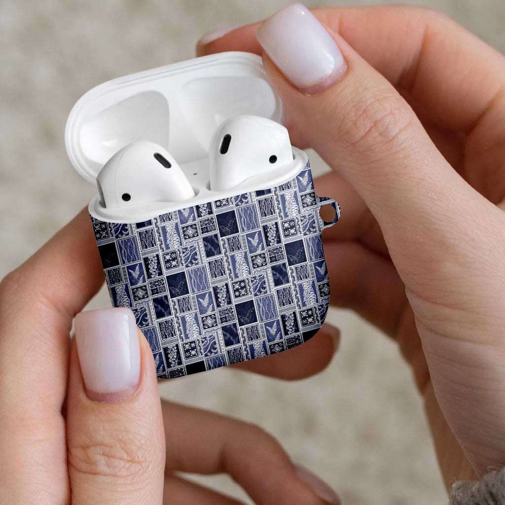 Vintage Aloha Block Quilt AirPods Case Blue Inspired Lei Motifs - Polynesian Pride
