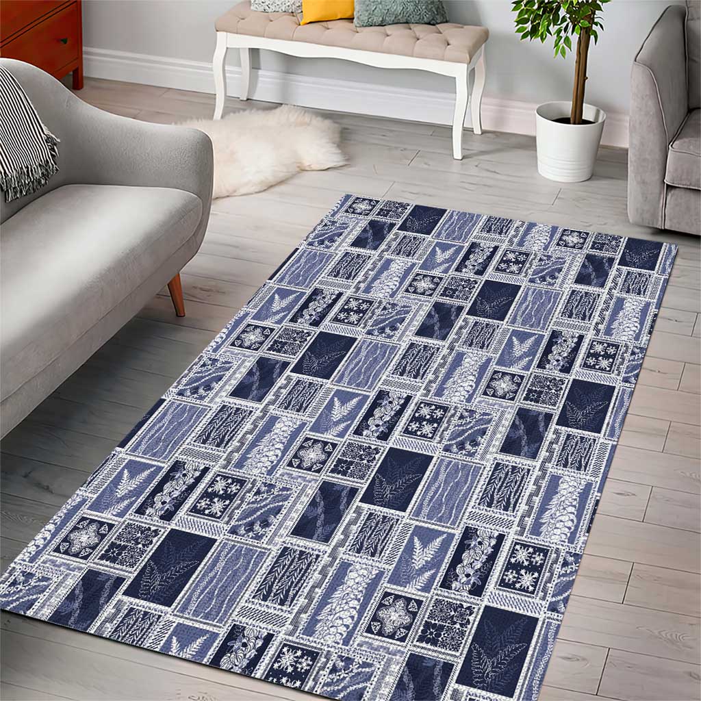 Vintage Aloha Block Quilt Area Rug Blue Inspired Lei Motifs - Polynesian Pride