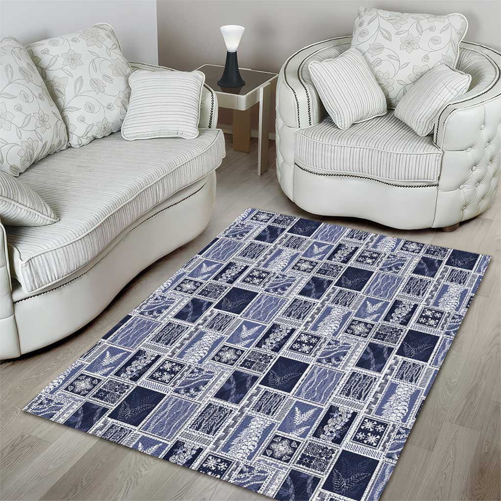 Vintage Aloha Block Quilt Area Rug Blue Inspired Lei Motifs - Polynesian Pride