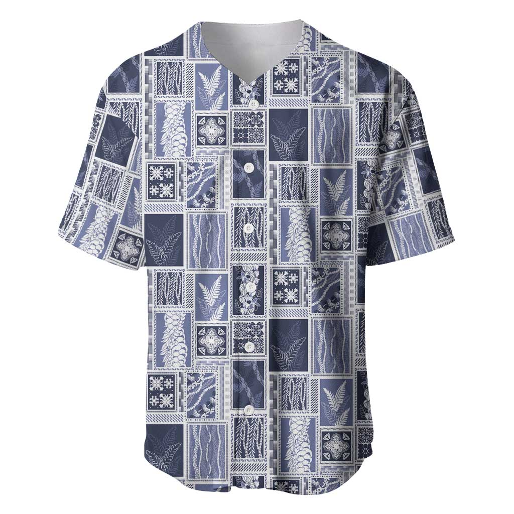 Vintage Aloha Block Quilt Baseball Jersey Blue Inspired Lei Motifs - Polynesian Pride