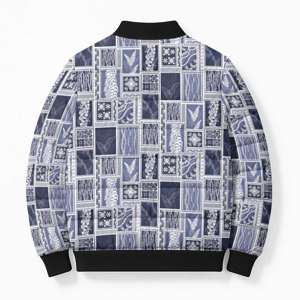 Vintage Aloha Block Quilt Bomber Puffer Jacket Blue Inspired Lei Motifs LT9 - Polynesian Pride