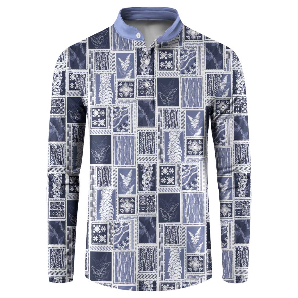 Vintage Aloha Block Quilt Button Sweatshirt Blue Inspired Lei Motifs - Polynesian Pride