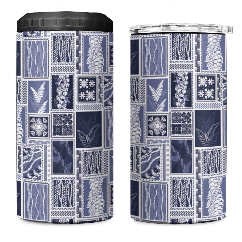 Vintage Aloha Block Quilt 4 in 1 Can Cooler Tumbler Blue Inspired Lei Motifs LT9 One Size: 16 oz Blue - Polynesian Pride