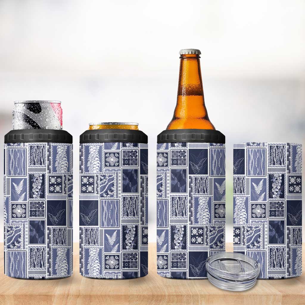 Vintage Aloha Block Quilt 4 in 1 Can Cooler Tumbler Blue Inspired Lei Motifs LT9 - Polynesian Pride