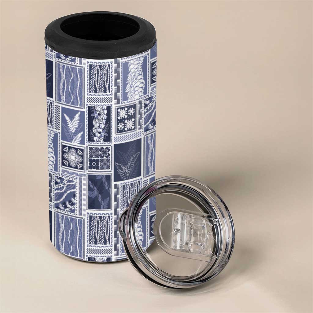 Vintage Aloha Block Quilt 4 in 1 Can Cooler Tumbler Blue Inspired Lei Motifs LT9 - Polynesian Pride
