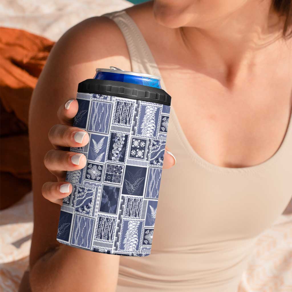 Vintage Aloha Block Quilt 4 in 1 Can Cooler Tumbler Blue Inspired Lei Motifs LT9 - Polynesian Pride