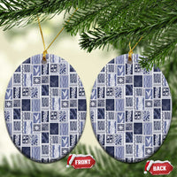 Vintage Aloha Block Quilt Ceramic Ornament Blue Inspired Lei Motifs - Polynesian Pride