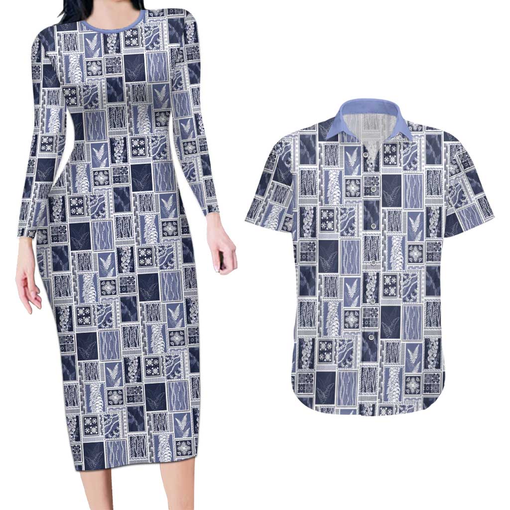 Vintage Aloha Block Quilt Couples Matching Long Sleeve Bodycon Dress and Hawaiian Shirt Blue Inspired Lei Motifs - Polynesian Pride
