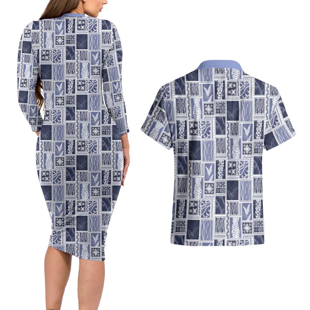 Vintage Aloha Block Quilt Couples Matching Long Sleeve Bodycon Dress and Hawaiian Shirt Blue Inspired Lei Motifs LT9 - Polynesian Pride