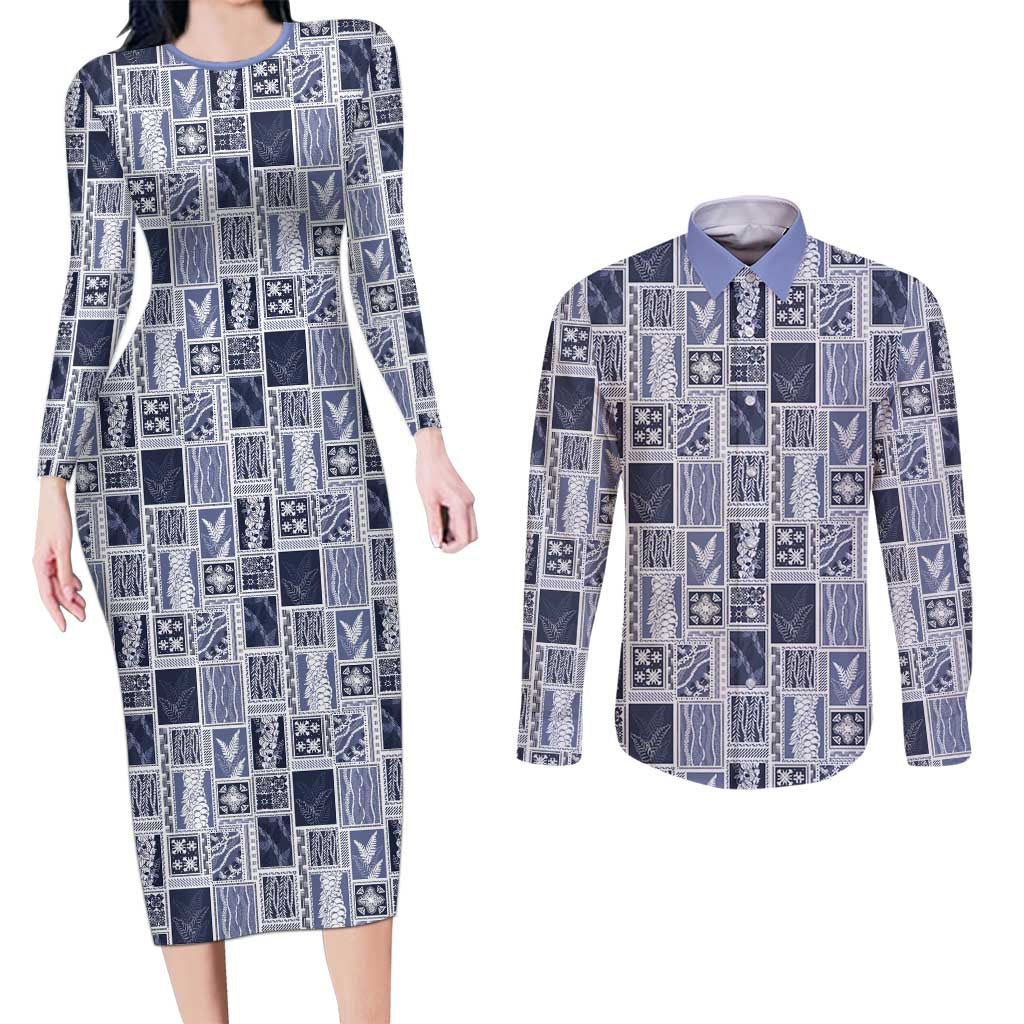 Vintage Aloha Block Quilt Couples Matching Long Sleeve Bodycon Dress and Long Sleeve Button Shirt Blue Inspired Lei Motifs LT9 Blue - Polynesian Pride