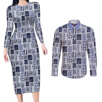 Vintage Aloha Block Quilt Couples Matching Long Sleeve Bodycon Dress and Long Sleeve Button Shirt Blue Inspired Lei Motifs LT9 Blue - Polynesian Pride