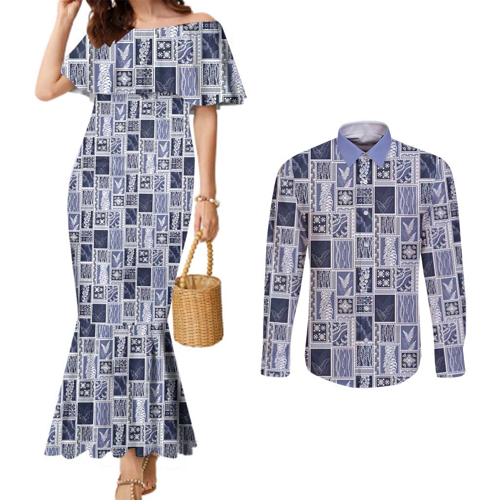 Vintage Aloha Block Quilt Couples Matching Mermaid Dress and Long Sleeve Button Shirt Blue Inspired Lei Motifs LT9 Blue - Polynesian Pride