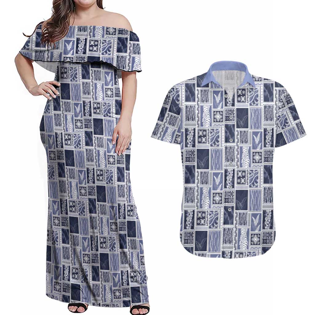 Vintage Aloha Block Quilt Couples Matching Off Shoulder Maxi Dress and Hawaiian Shirt Blue Inspired Lei Motifs LT9 Blue - Polynesian Pride