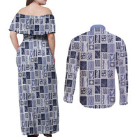 Vintage Aloha Block Quilt Couples Matching Off Shoulder Maxi Dress and Long Sleeve Button Shirt Blue Inspired Lei Motifs LT9 - Polynesian Pride