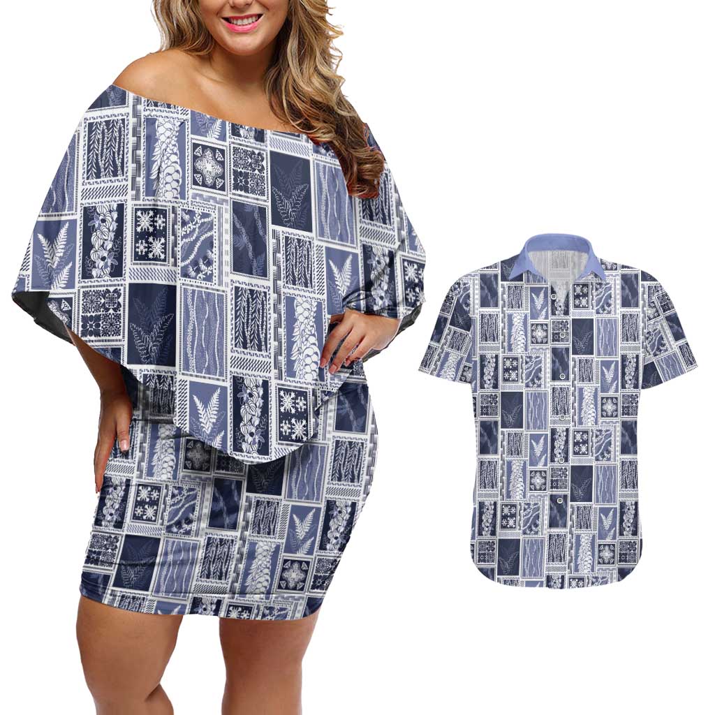 Vintage Aloha Block Quilt Couples Matching Off Shoulder Short Dress and Hawaiian Shirt Blue Inspired Lei Motifs LT9 Blue - Polynesian Pride
