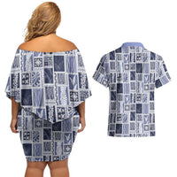 Vintage Aloha Block Quilt Couples Matching Off Shoulder Short Dress and Hawaiian Shirt Blue Inspired Lei Motifs LT9 - Polynesian Pride