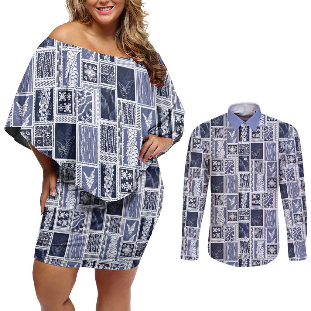 Vintage Aloha Block Quilt Couples Matching Off Shoulder Short Dress and Long Sleeve Button Shirt Blue Inspired Lei Motifs LT9 Blue - Polynesian Pride
