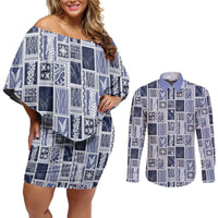 Vintage Aloha Block Quilt Couples Matching Off Shoulder Short Dress and Long Sleeve Button Shirt Blue Inspired Lei Motifs LT9 Blue - Polynesian Pride