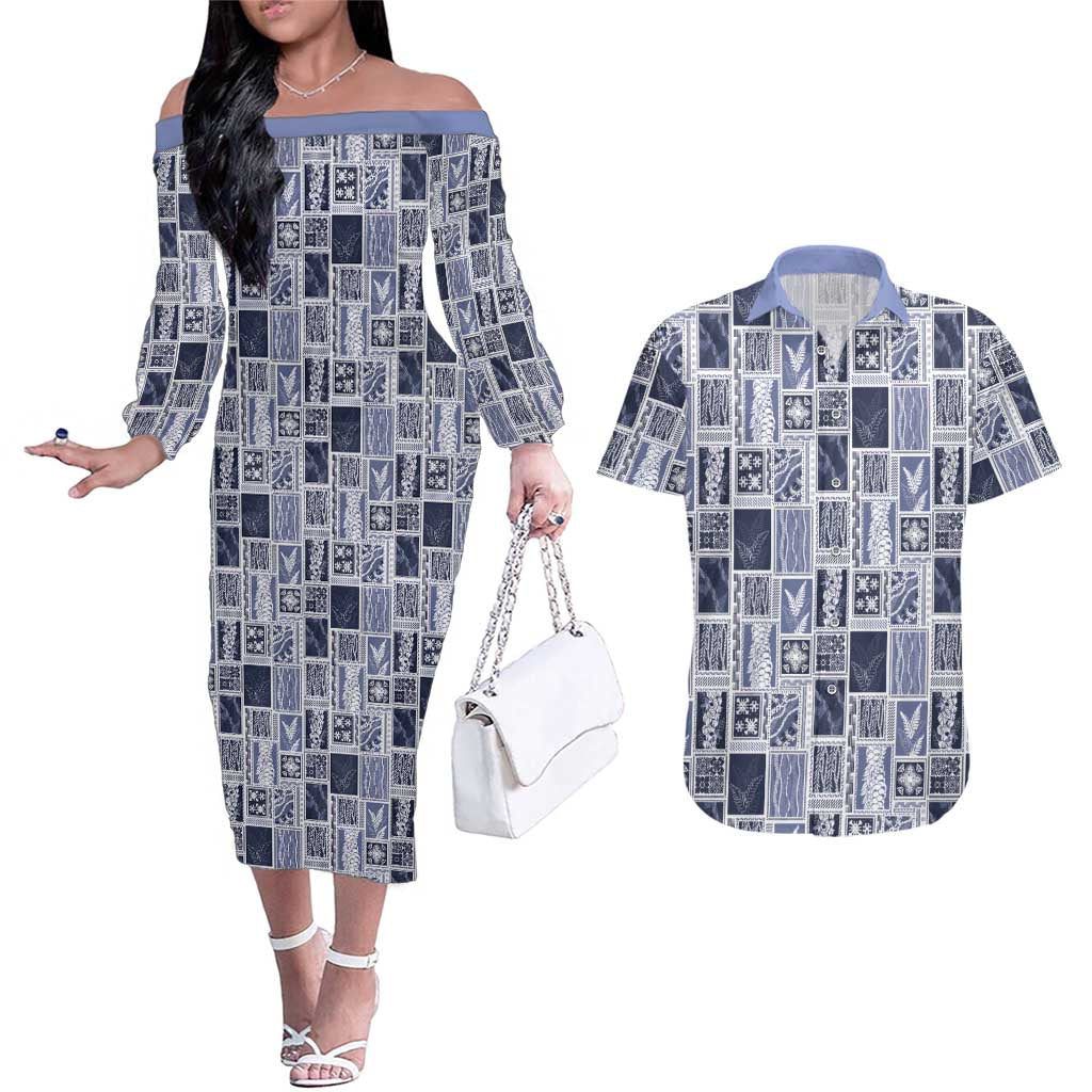 Vintage Aloha Block Quilt Couples Matching Off The Shoulder Long Sleeve Dress and Hawaiian Shirt Blue Inspired Lei Motifs - Polynesian Pride