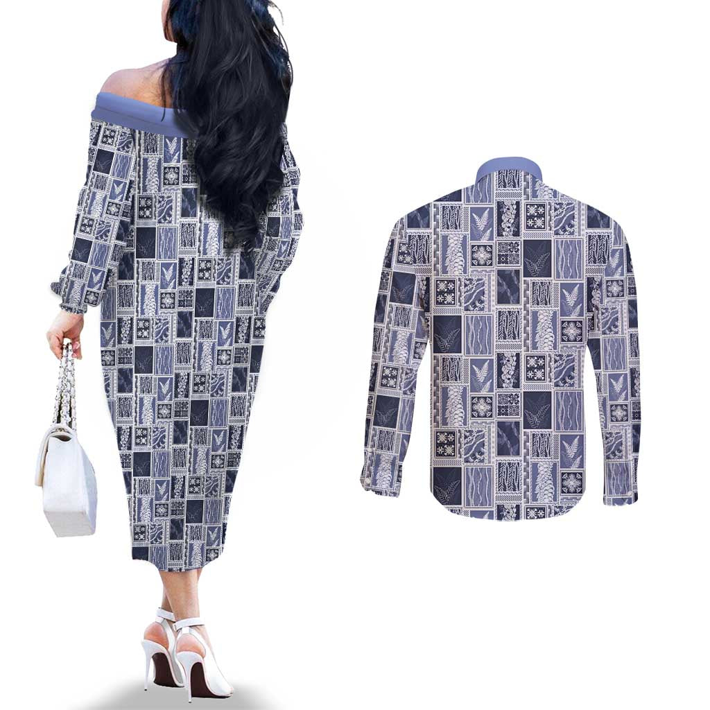 Vintage Aloha Block Quilt Couples Matching Off The Shoulder Long Sleeve Dress and Long Sleeve Button Shirt Blue Inspired Lei Motifs LT9 - Polynesian Pride