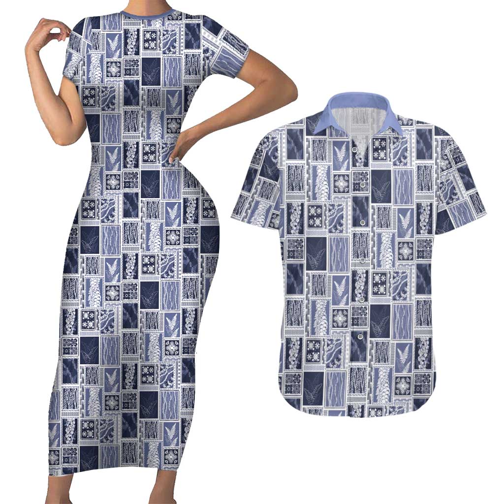 Vintage Aloha Block Quilt Couples Matching Short Sleeve Bodycon Dress and Hawaiian Shirt Blue Inspired Lei Motifs LT9 Blue - Polynesian Pride