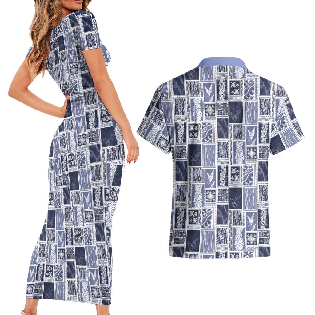 Vintage Aloha Block Quilt Couples Matching Short Sleeve Bodycon Dress and Hawaiian Shirt Blue Inspired Lei Motifs LT9 - Polynesian Pride