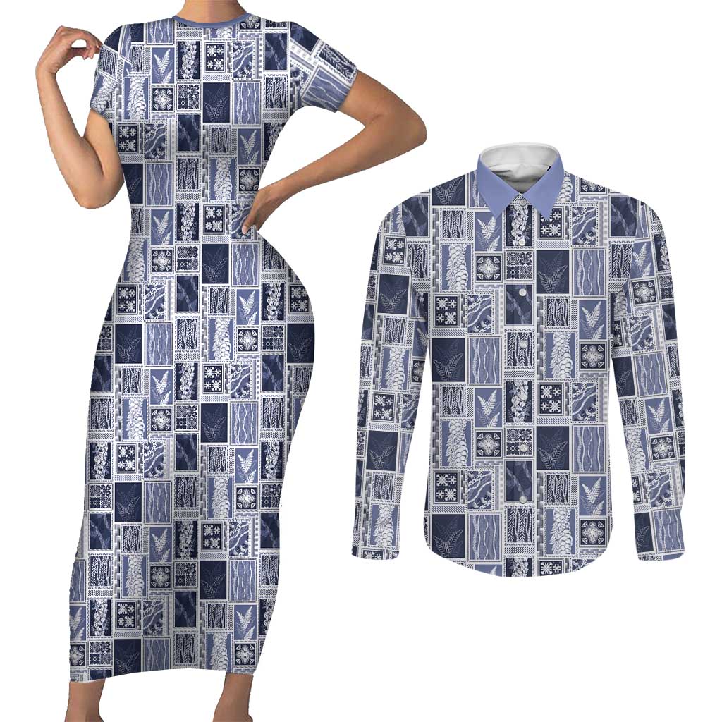 Vintage Aloha Block Quilt Couples Matching Short Sleeve Bodycon Dress and Long Sleeve Button Shirt Blue Inspired Lei Motifs LT9 Blue - Polynesian Pride