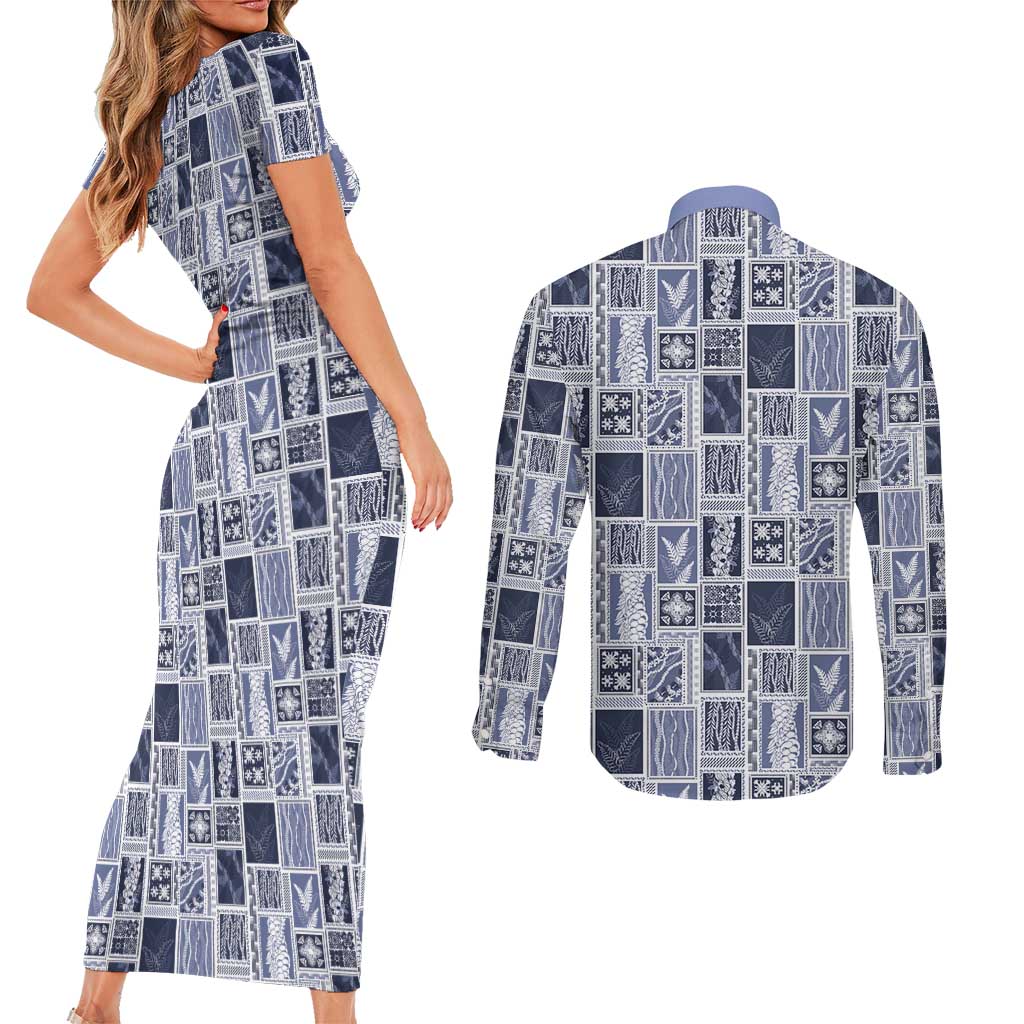 Vintage Aloha Block Quilt Couples Matching Short Sleeve Bodycon Dress and Long Sleeve Button Shirt Blue Inspired Lei Motifs LT9 - Polynesian Pride