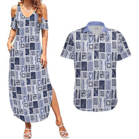 Vintage Aloha Block Quilt Couples Matching Summer Maxi Dress and Hawaiian Shirt Blue Inspired Lei Motifs LT9 Blue - Polynesian Pride