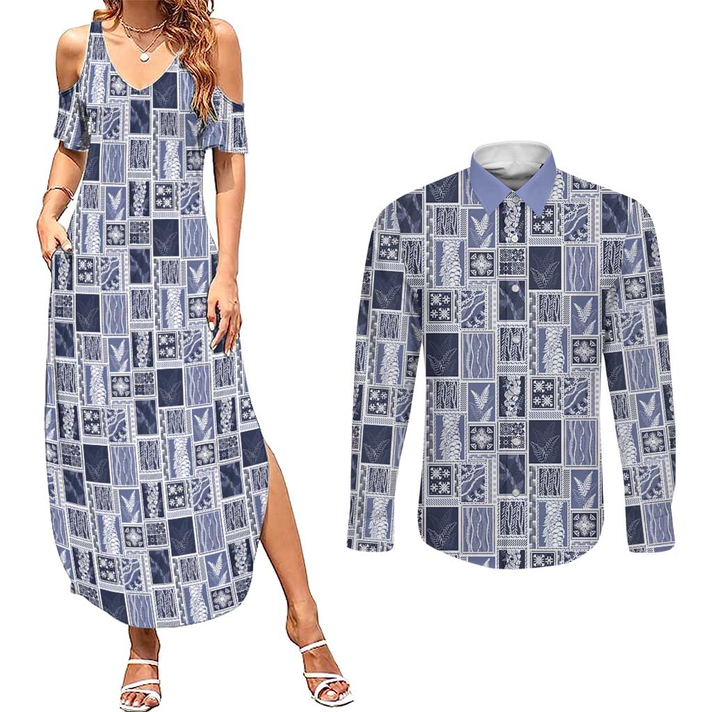 Vintage Aloha Block Quilt Couples Matching Summer Maxi Dress and Long Sleeve Button Shirt Blue Inspired Lei Motifs LT9 Blue - Polynesian Pride