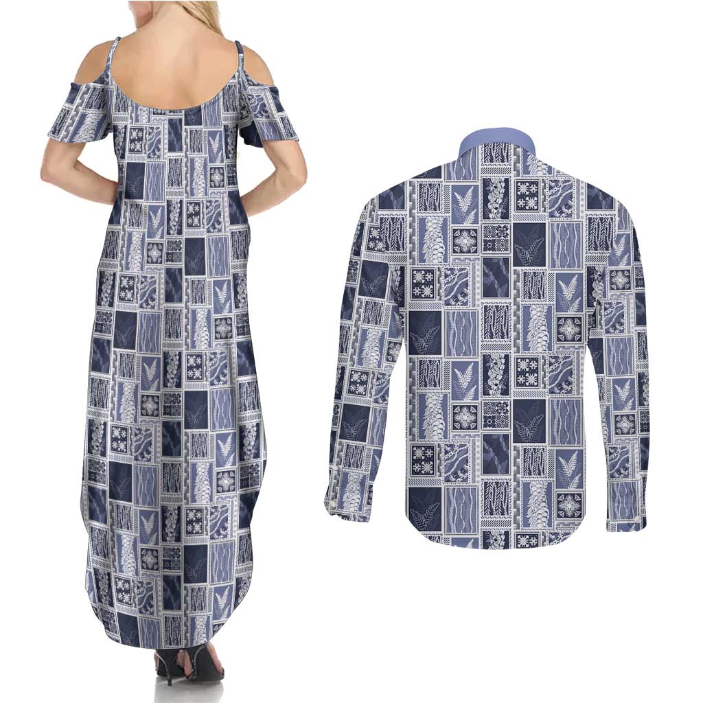Vintage Aloha Block Quilt Couples Matching Summer Maxi Dress and Long Sleeve Button Shirt Blue Inspired Lei Motifs LT9 - Polynesian Pride