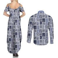 Vintage Aloha Block Quilt Couples Matching Summer Maxi Dress and Long Sleeve Button Shirt Blue Inspired Lei Motifs LT9 - Polynesian Pride
