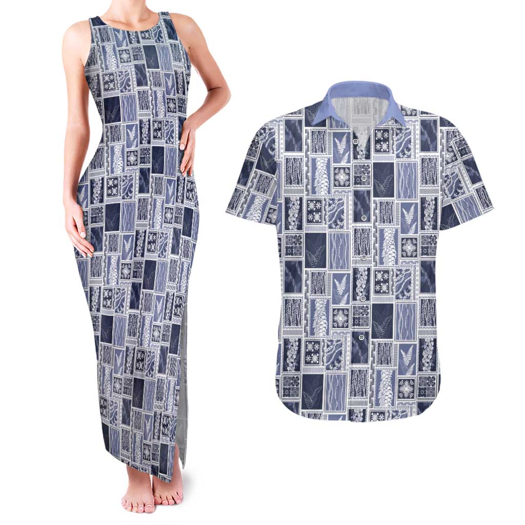 Vintage Aloha Block Quilt Couples Matching Tank Maxi Dress and Hawaiian Shirt Blue Inspired Lei Motifs - Polynesian Pride