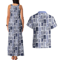 Vintage Aloha Block Quilt Couples Matching Tank Maxi Dress and Hawaiian Shirt Blue Inspired Lei Motifs LT9 - Polynesian Pride
