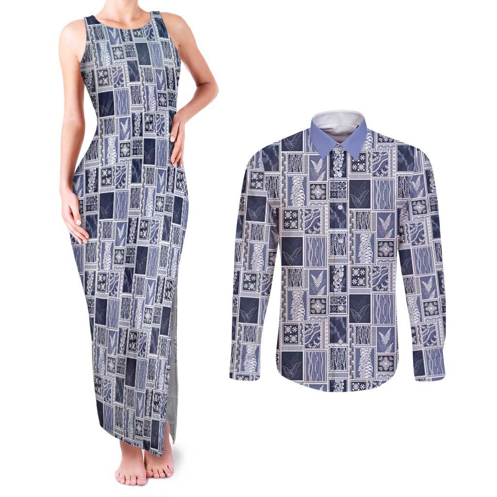 Vintage Aloha Block Quilt Couples Matching Tank Maxi Dress and Long Sleeve Button Shirt Blue Inspired Lei Motifs LT9 Blue - Polynesian Pride