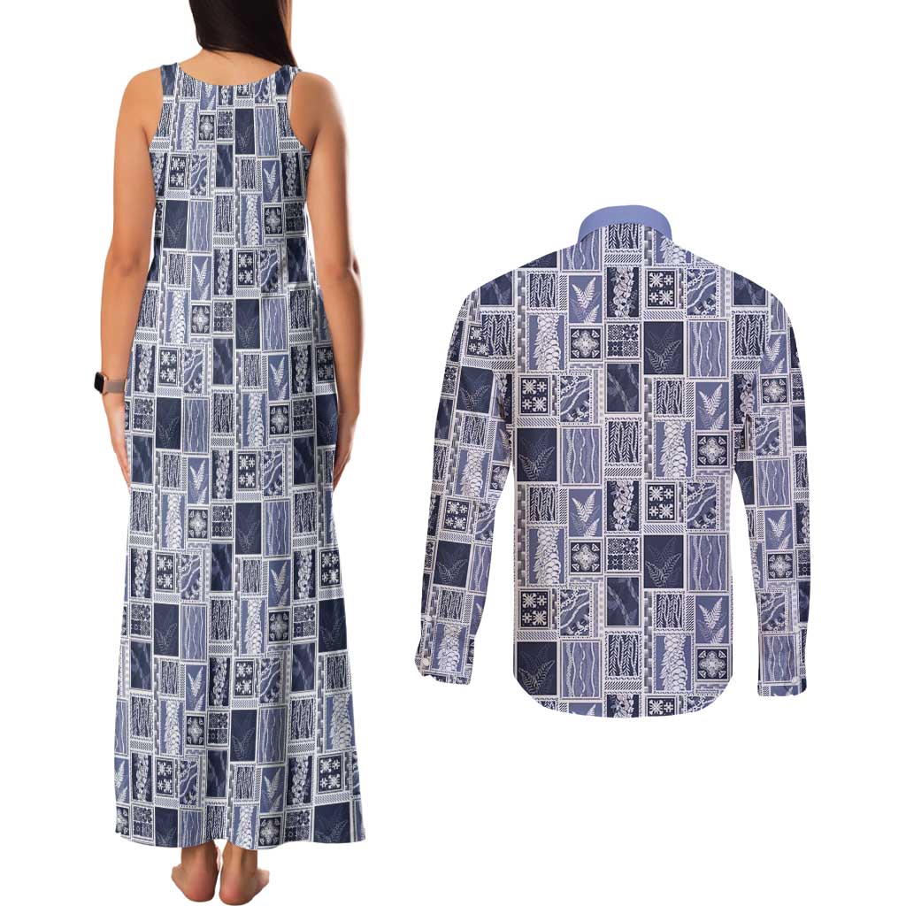 Vintage Aloha Block Quilt Couples Matching Tank Maxi Dress and Long Sleeve Button Shirt Blue Inspired Lei Motifs LT9 - Polynesian Pride