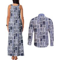 Vintage Aloha Block Quilt Couples Matching Tank Maxi Dress and Long Sleeve Button Shirt Blue Inspired Lei Motifs LT9 - Polynesian Pride