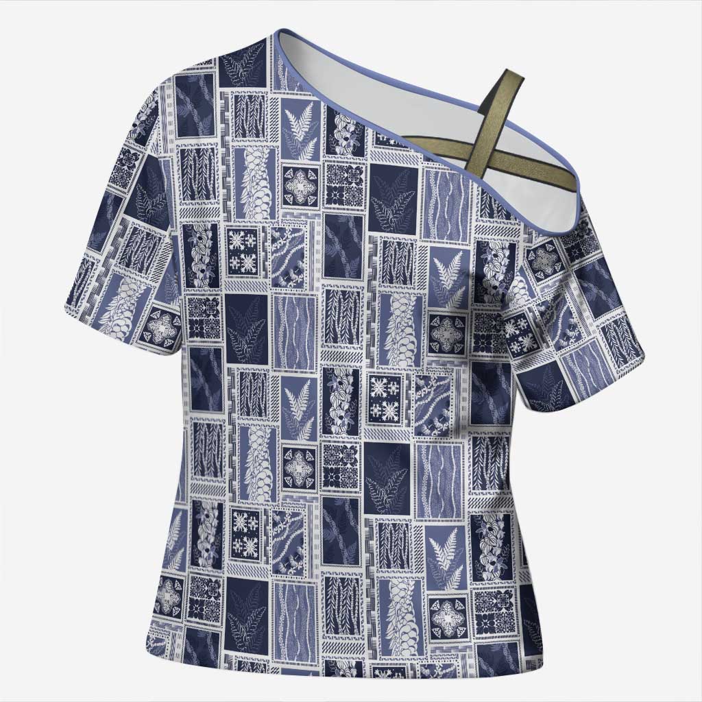 Vintage Aloha Block Quilt Cross Shoulder Shirt Blue Inspired Lei Motifs - Polynesian Pride