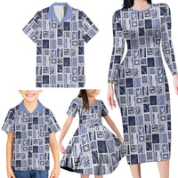 Vintage Aloha Block Quilt Family Matching Long Sleeve Bodycon Dress and Hawaiian Shirt Blue Inspired Lei Motifs LT9 - Polynesian Pride